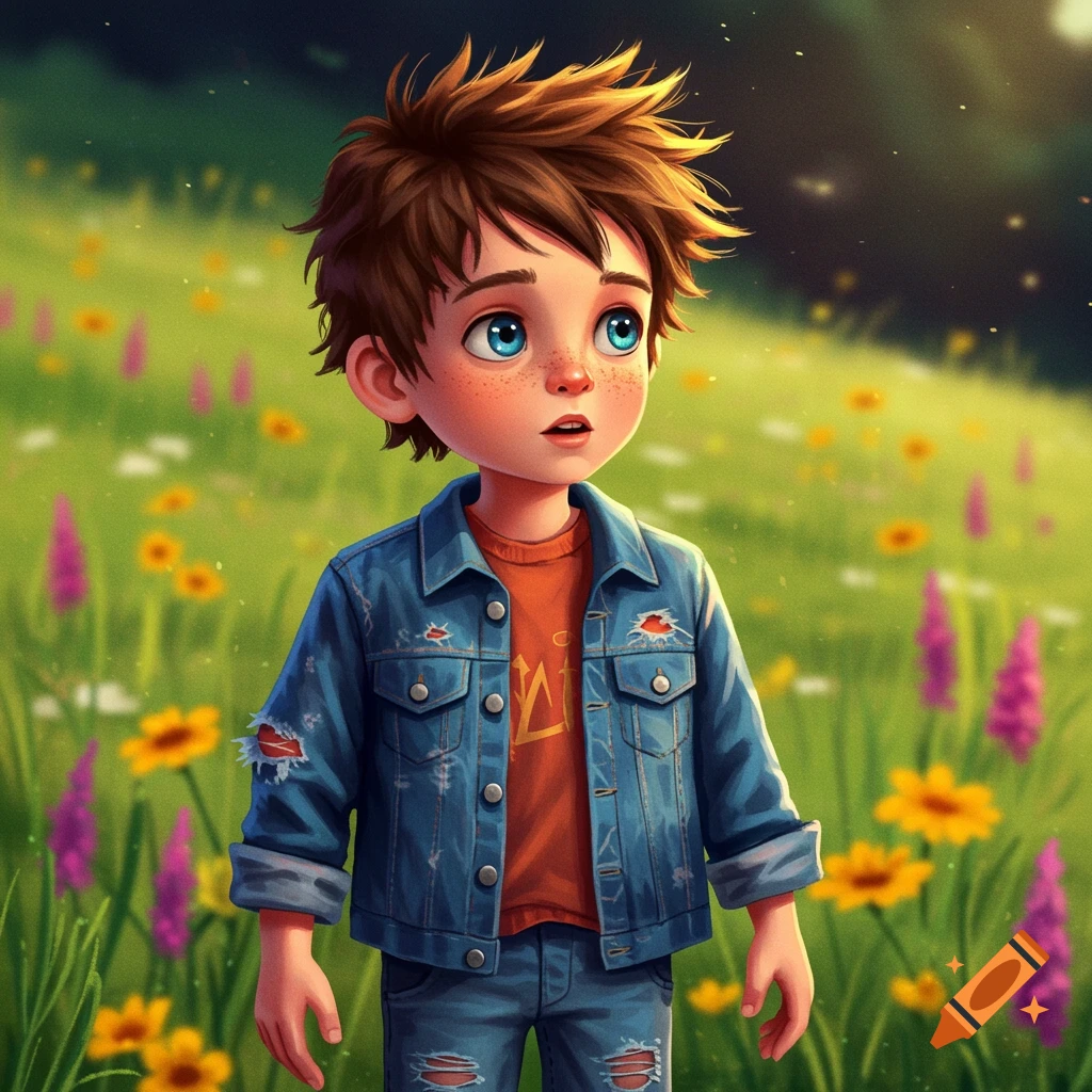 A boy in a denim jacket standing in a meadow with wildflowers