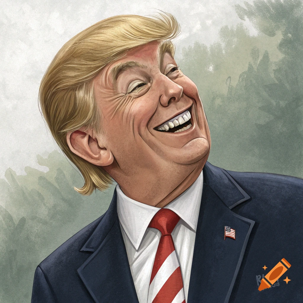 Caricature of Donald Trump laughing heartily, styled after Alfred E. Newman