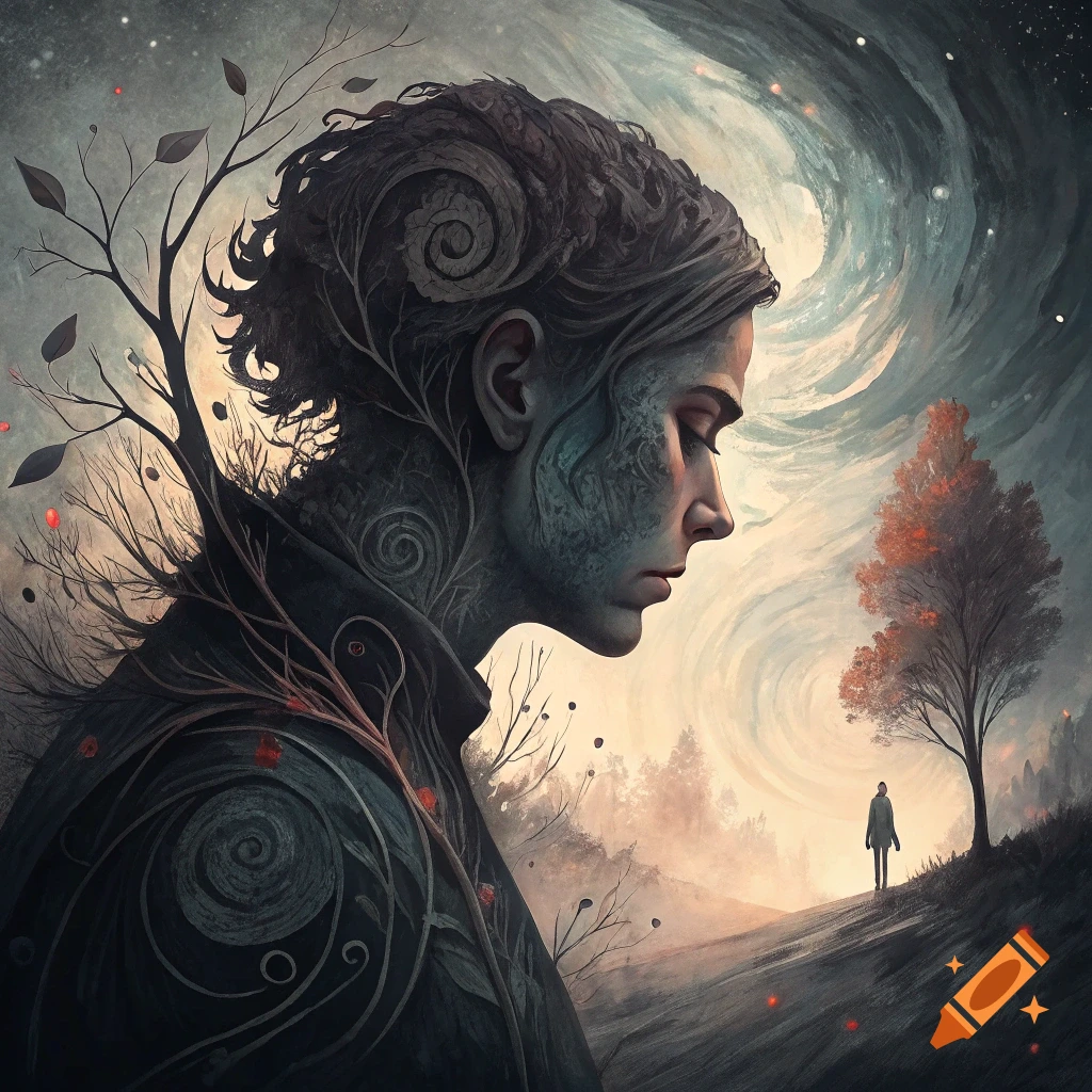 Stylized portrait of a person with tree branches intertwined with their body against a stormy sky and landscape.