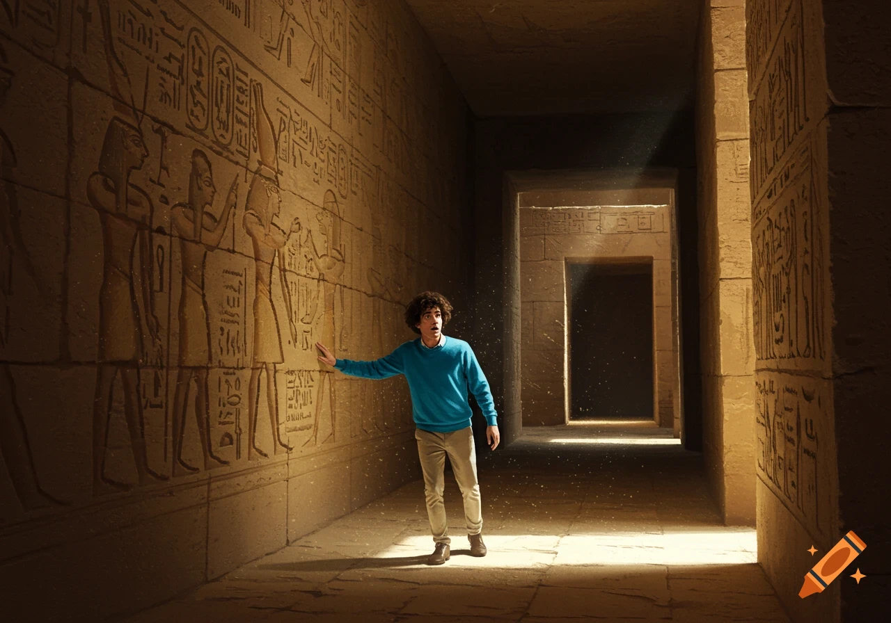 A person touches a hieroglyph-covered wall in a dusty, sunlit ancient Egyptian corridor.