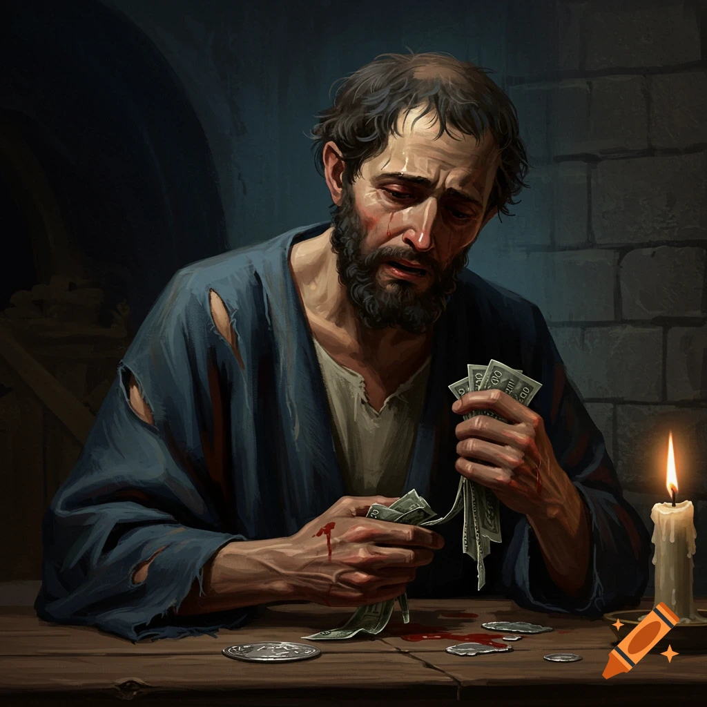 A man crying and holding blood-stained money at a table with coins and blood drops, lit by a candle in a dark room.