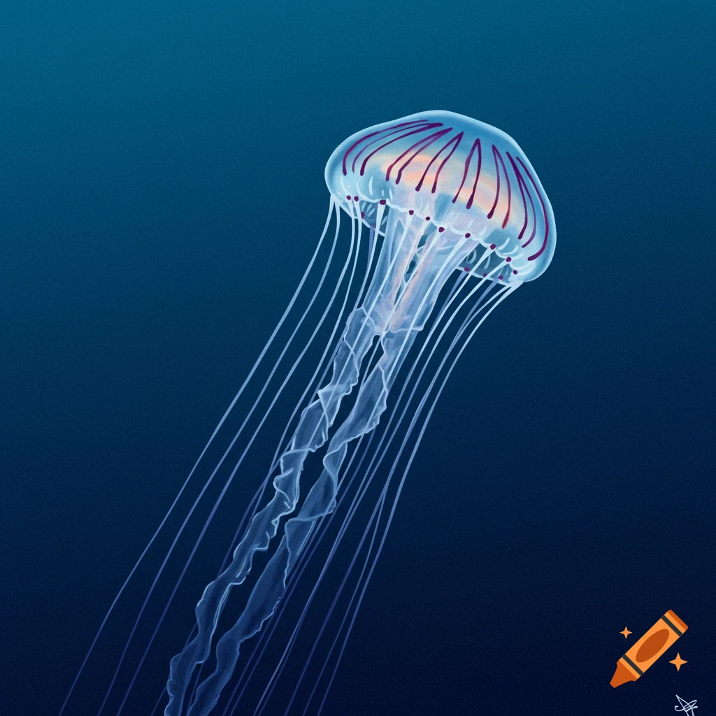 A translucent jellyfish with red stripes swimming in deep blue water.