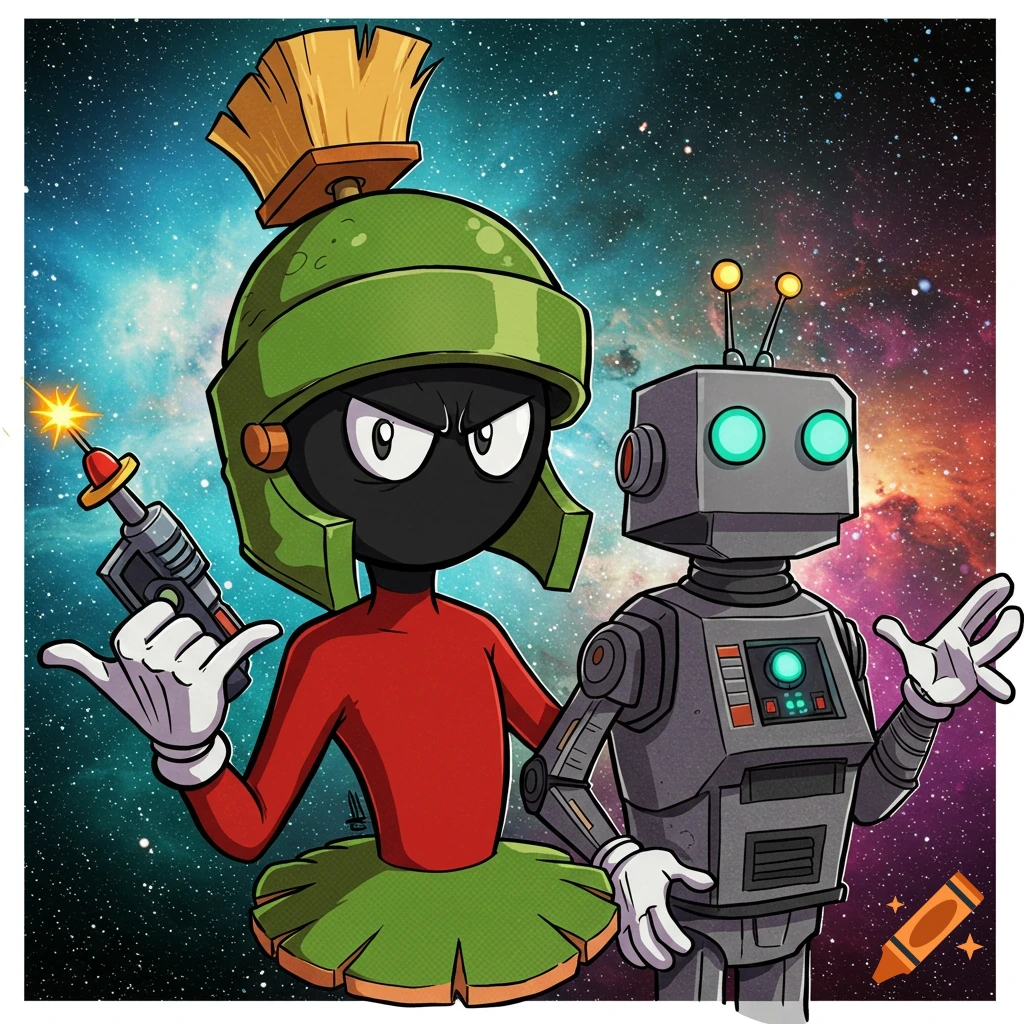 Digital illustration of Marvin the Martian holding a ray gun with a robot next to him in space.