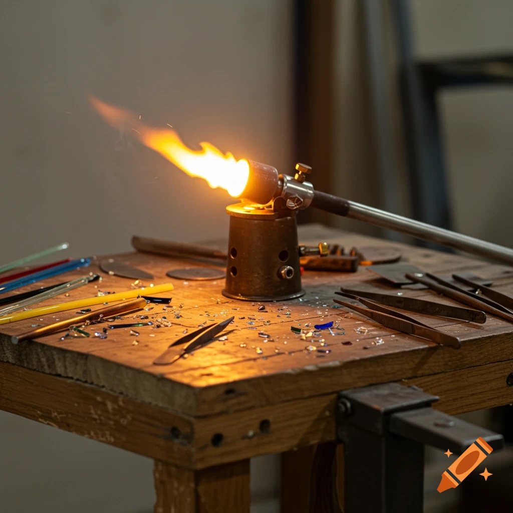 A glassblowing torch burns on a wooden workbench surrounded by colored glass rods, tweezers, and tools.