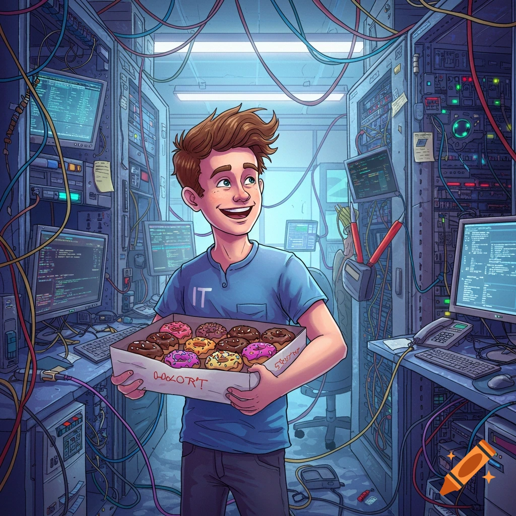 A smiling IT guy holding a box of donuts in a server room.