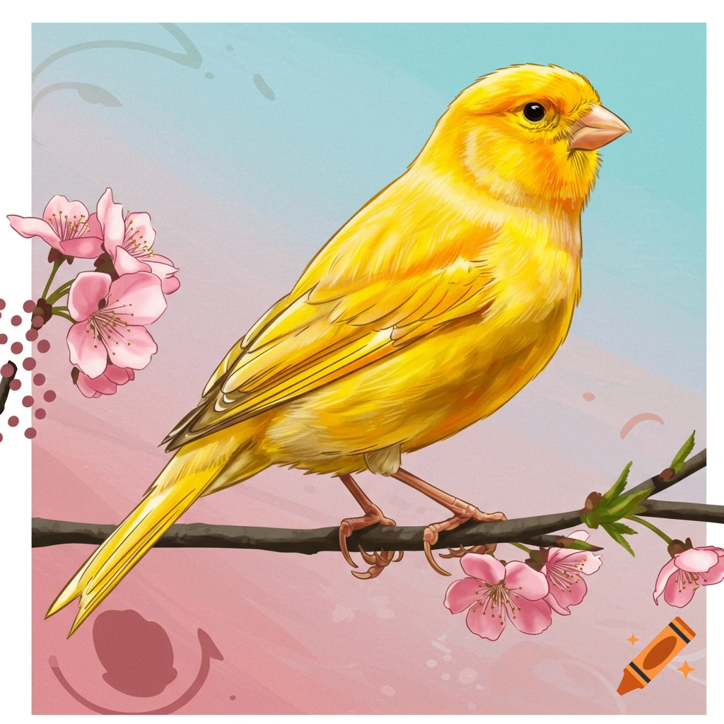 A yellow canary sits on a branch with pink flowers.