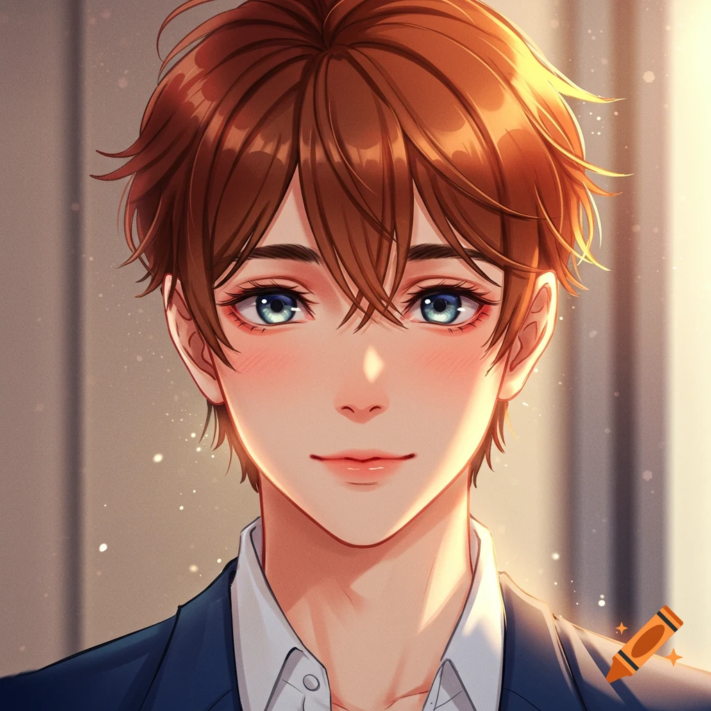 Anime portrait of a young person with brown hair and blue-gray eyes