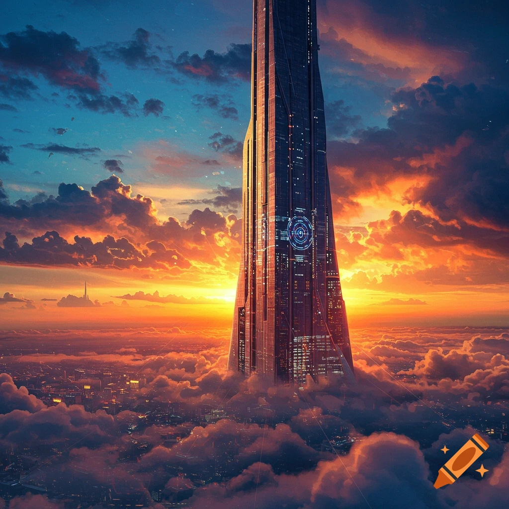 A futuristic skyscraper rising above clouds at sunset.