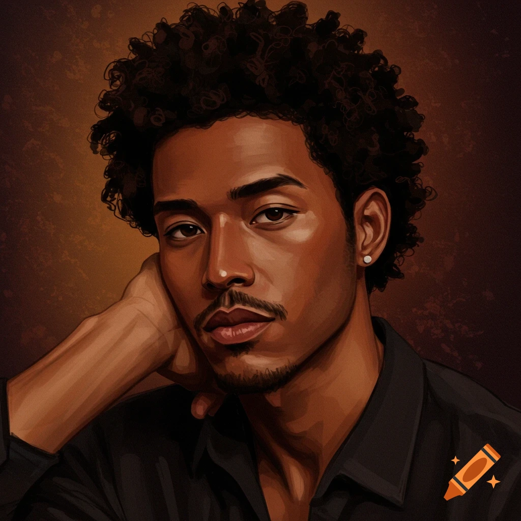 A portrait of a man with curly hair.