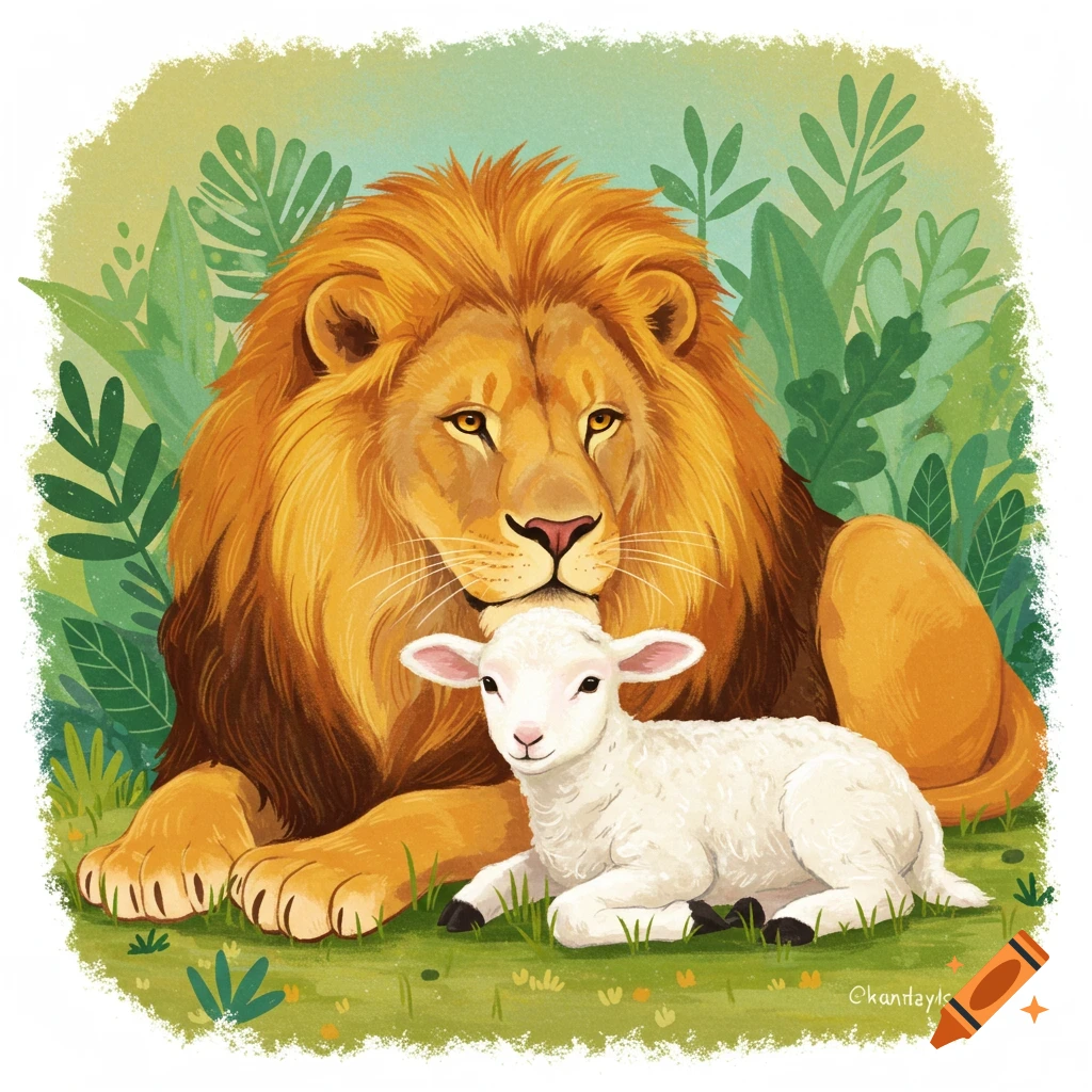 A lion and a lamb lying peacefully together in green grass surrounded by lush green leaves.