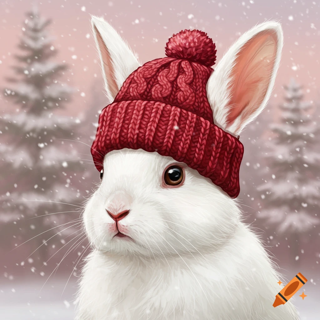 A white rabbit wearing a red knit hat in the snow.