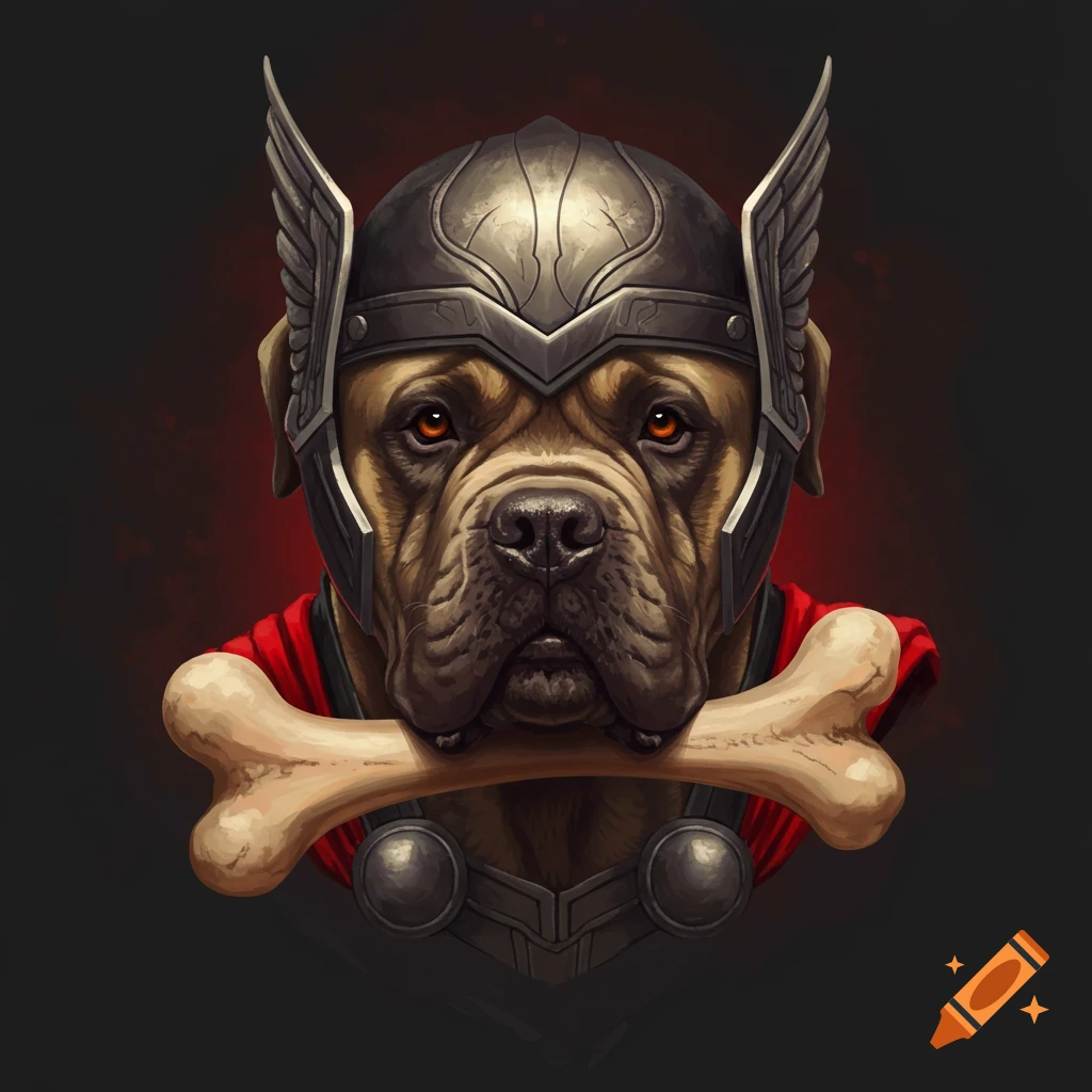 A Bull Mastiff dog wearing Thor's helmet and holding a large bone