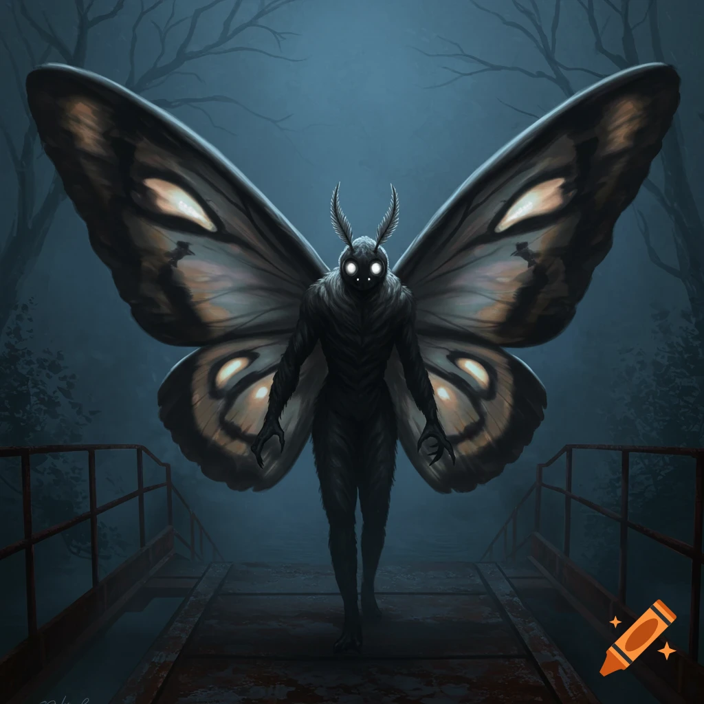 The Mothman standing on a bridge in a dark, foggy forest.