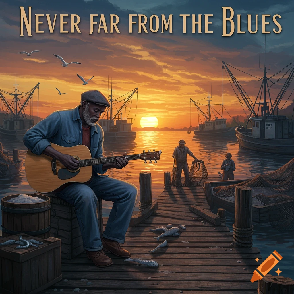 A man playing guitar on a dock at sunset, with fishing boats in the background. Title: 'Never Far From the Blues'