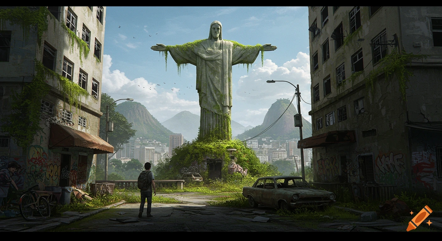A person stands on a road looking at an overgrown Christ the Redeemer statue in a ruined city.