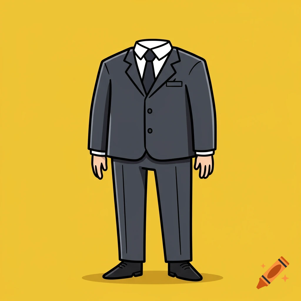 Cartoon illustration of a headless person wearing a dark grey suit, white shirt, and tie on a yellow background.
