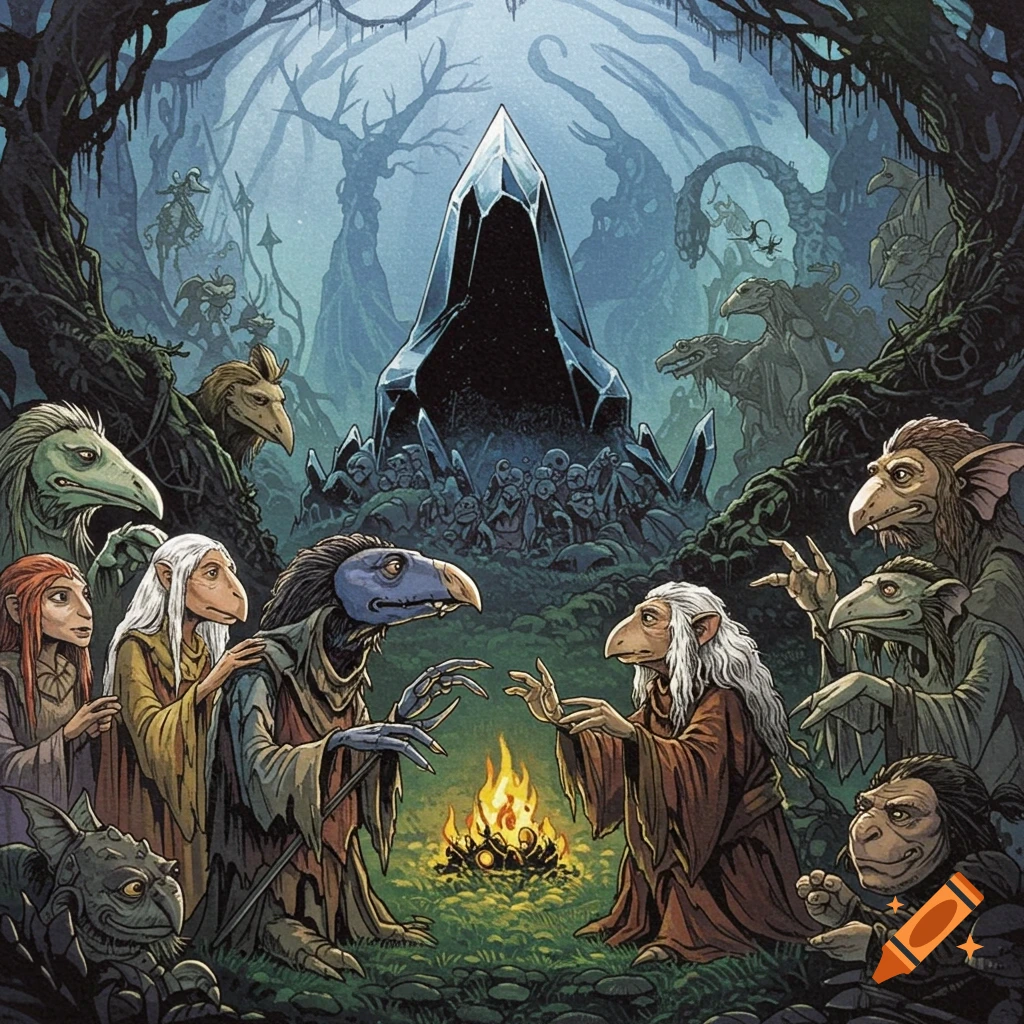 Illustration of creatures from The Dark Crystal gathered around a campfire near a large dark crystal.