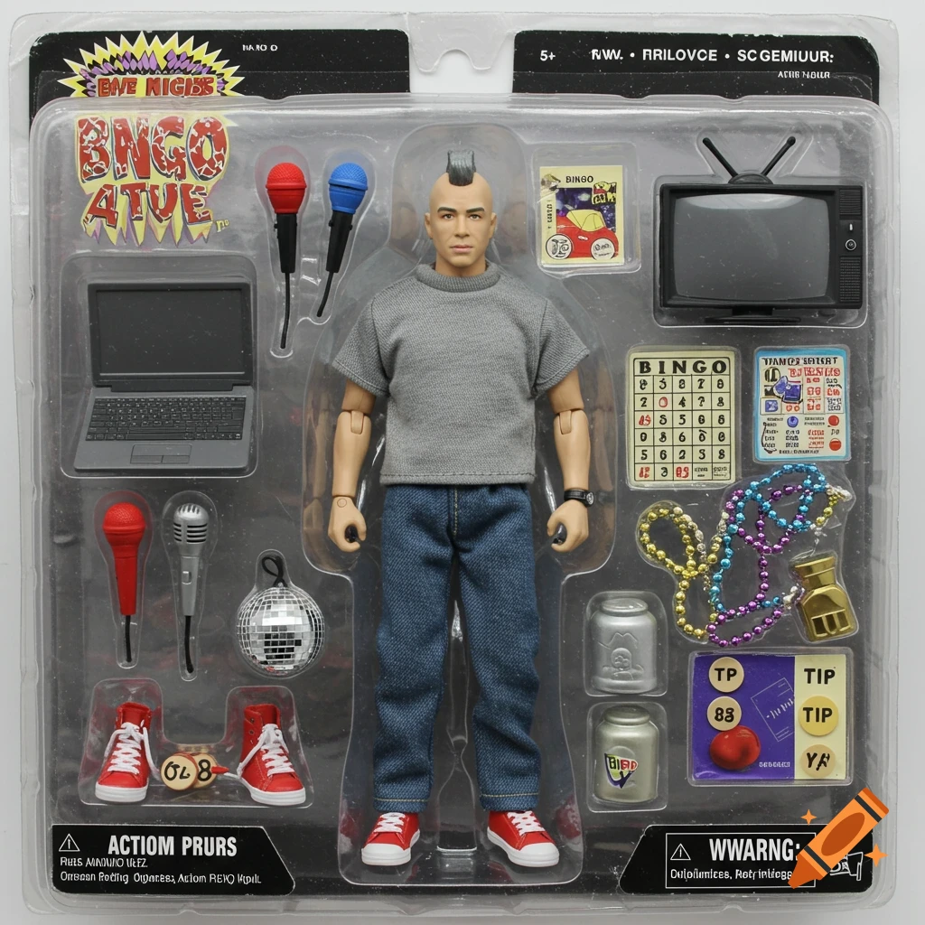 Action figure set in packaging with a punk figure and accessories including microphones, laptop, TV, and disco ball.