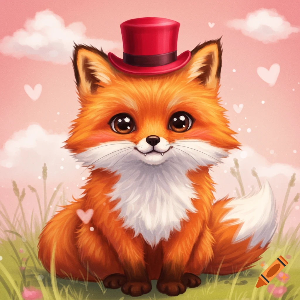 A cute cartoon fox wearing a red top hat sits in grass with hearts and clouds.