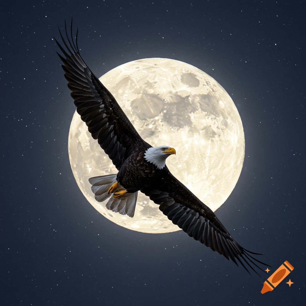 A bald eagle soars in front of a large full moon against a starry night sky.