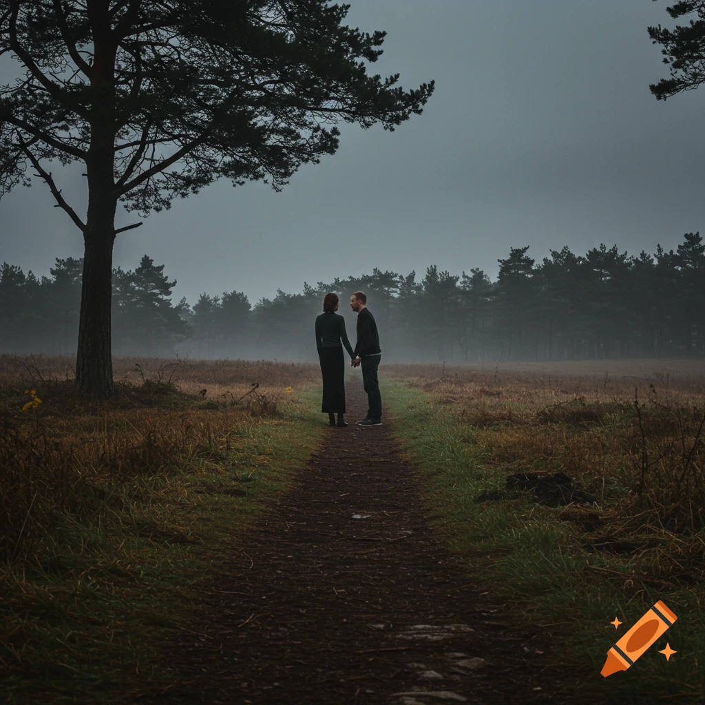 Two people stand holding hands on a path in a misty forest.