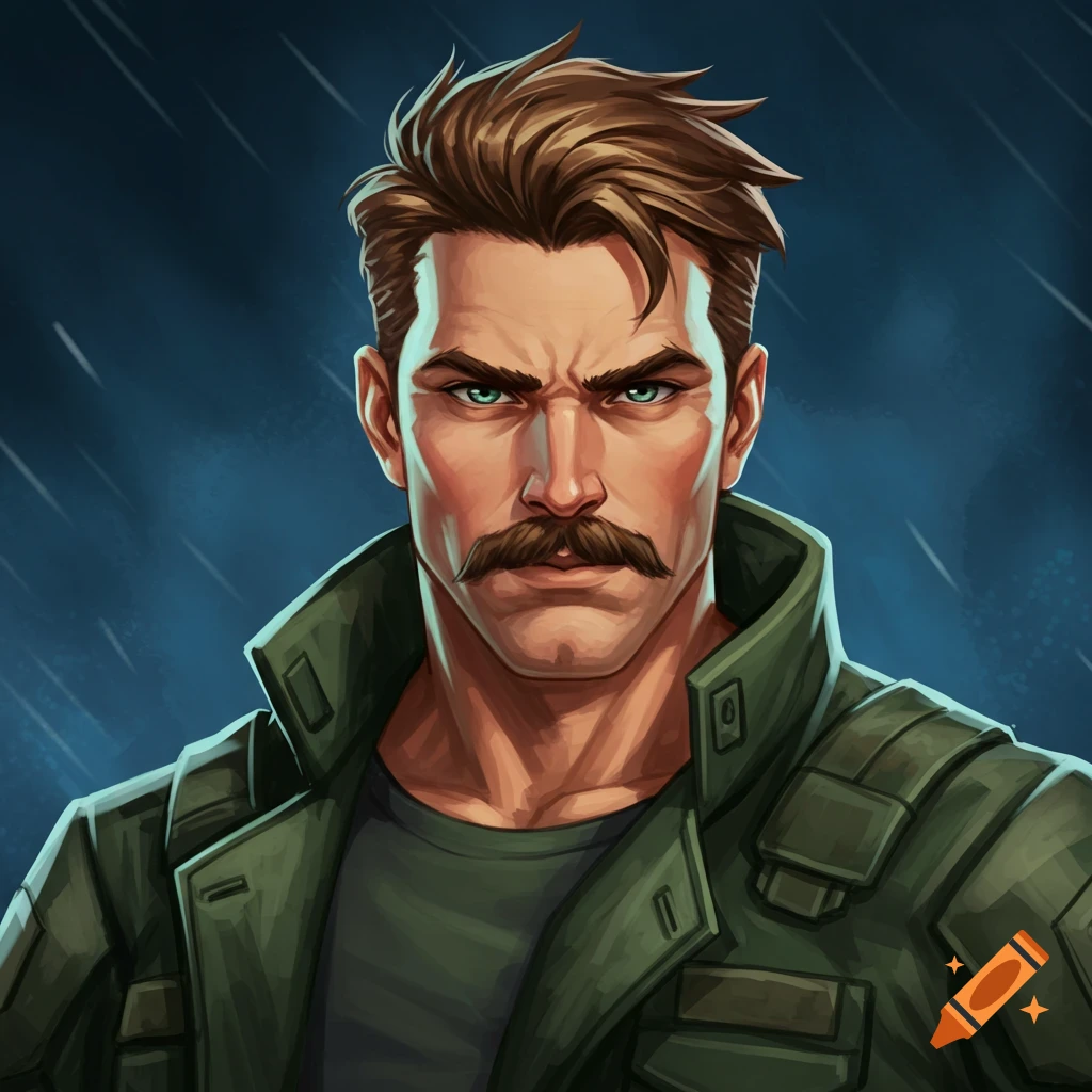Anime style portrait of a man with a mustache and military jacket in the rain.