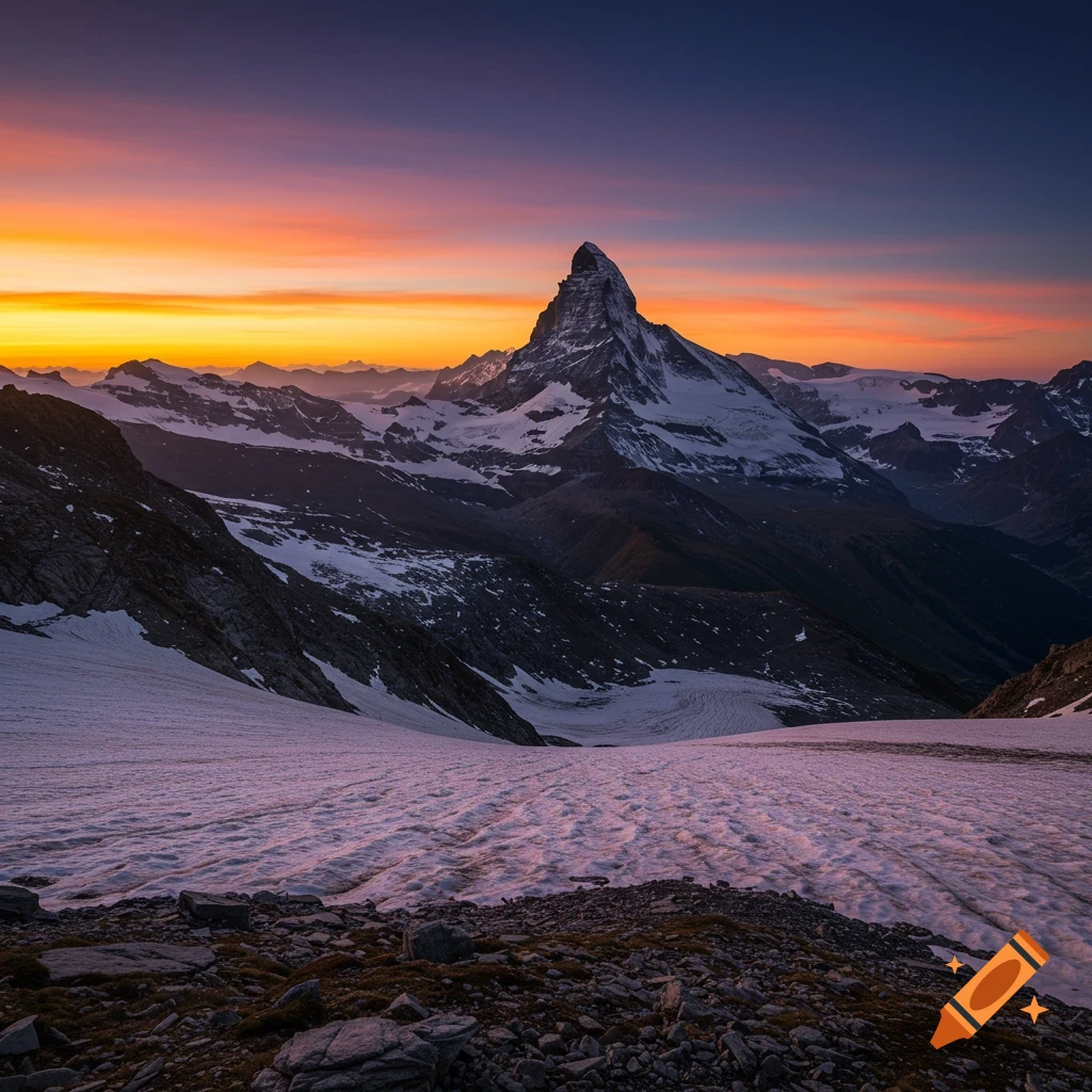 Mountain landscape at sunset with snow-capped peaks and warm sky.