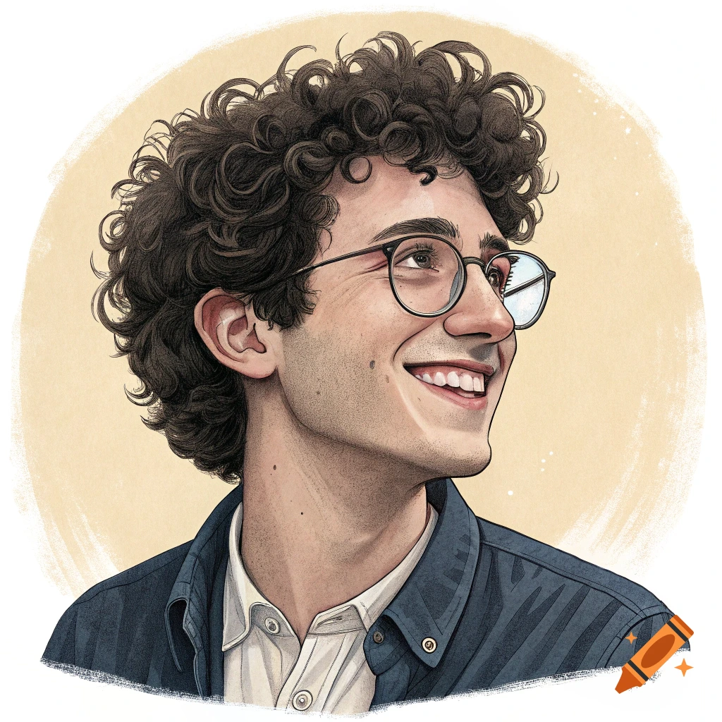 Illustrated portrait of a smiling young man with curly hair and glasses looking up.