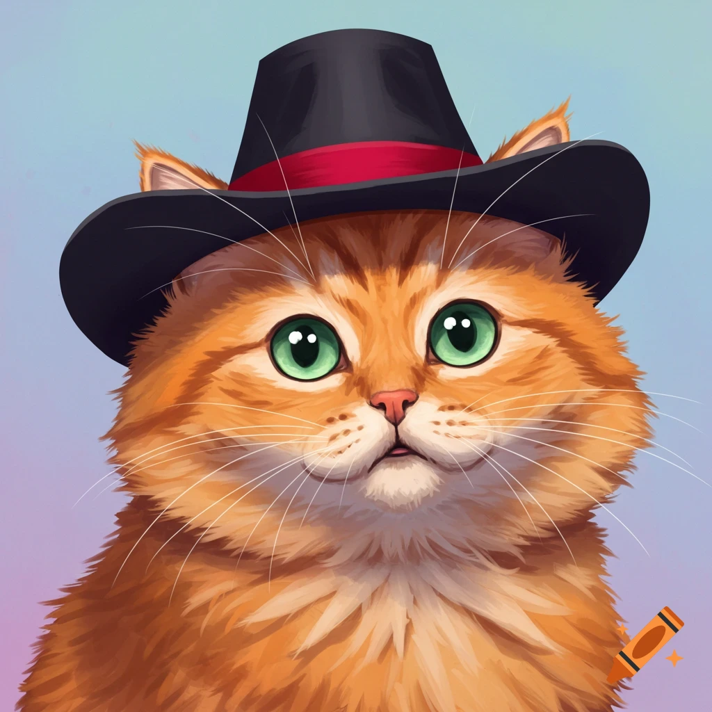 An orange cat wearing a black top hat with a red band.