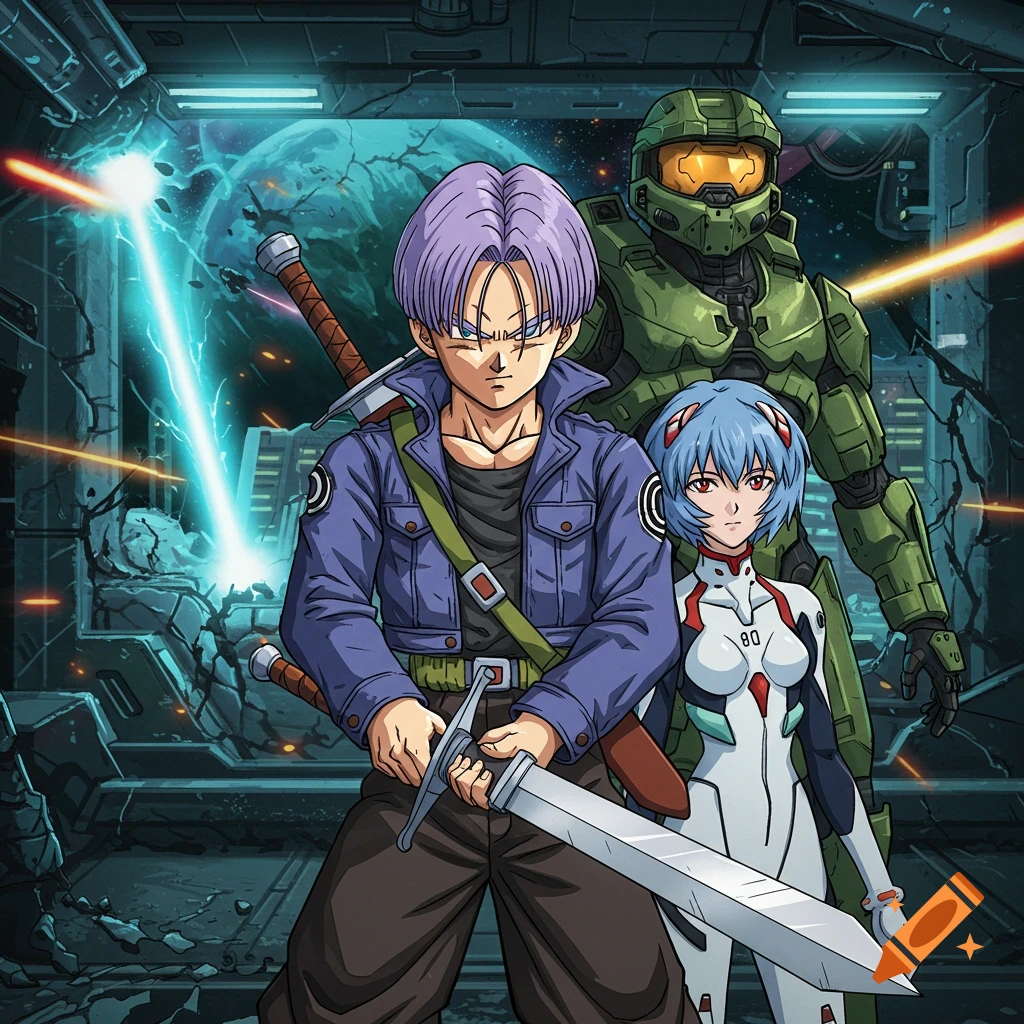 Anime characters Trunks and Rei, with Master Chief, in a sci-fi setting.