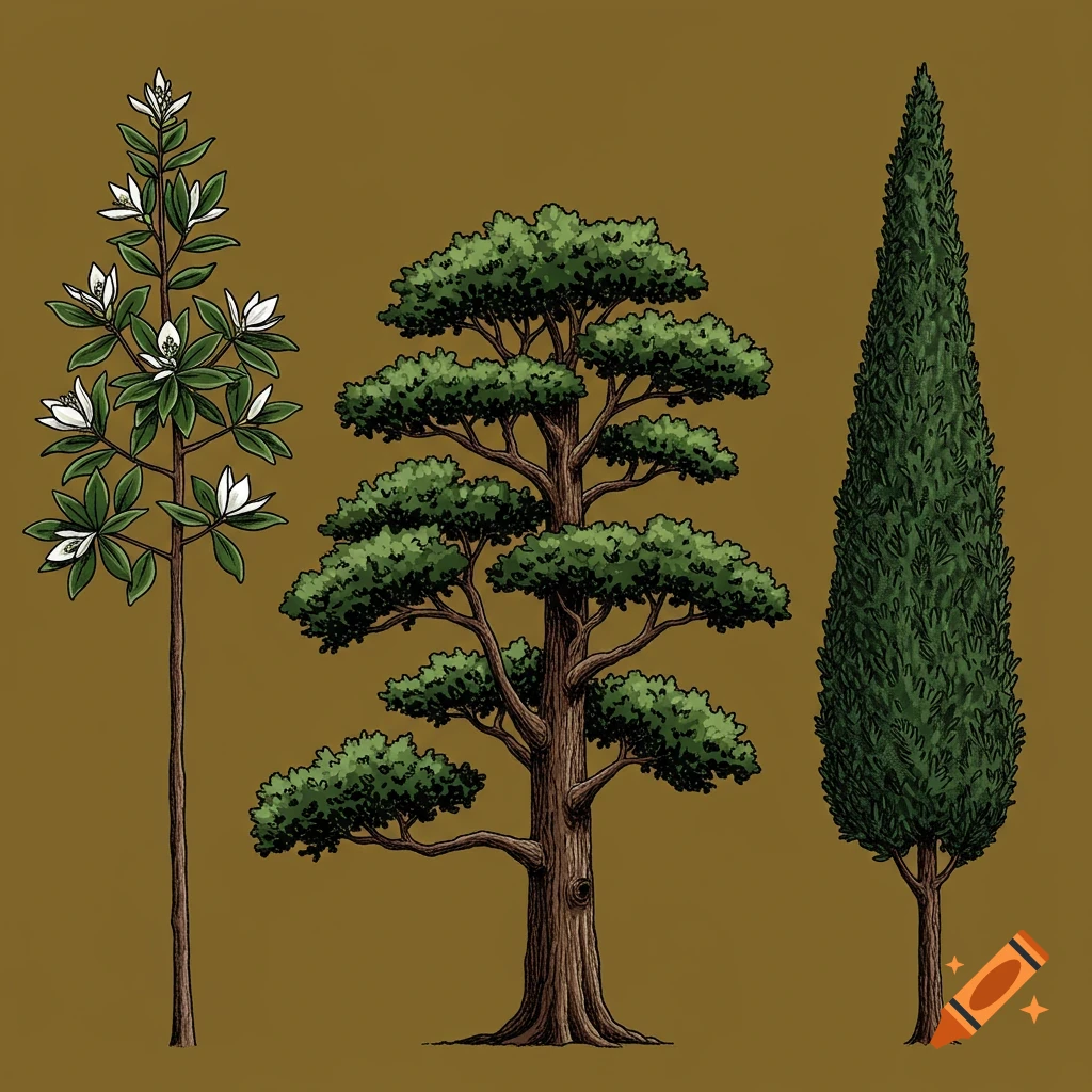 An illustration of three distinct trees: a magnolia, a layered tree, and a tall cypress.