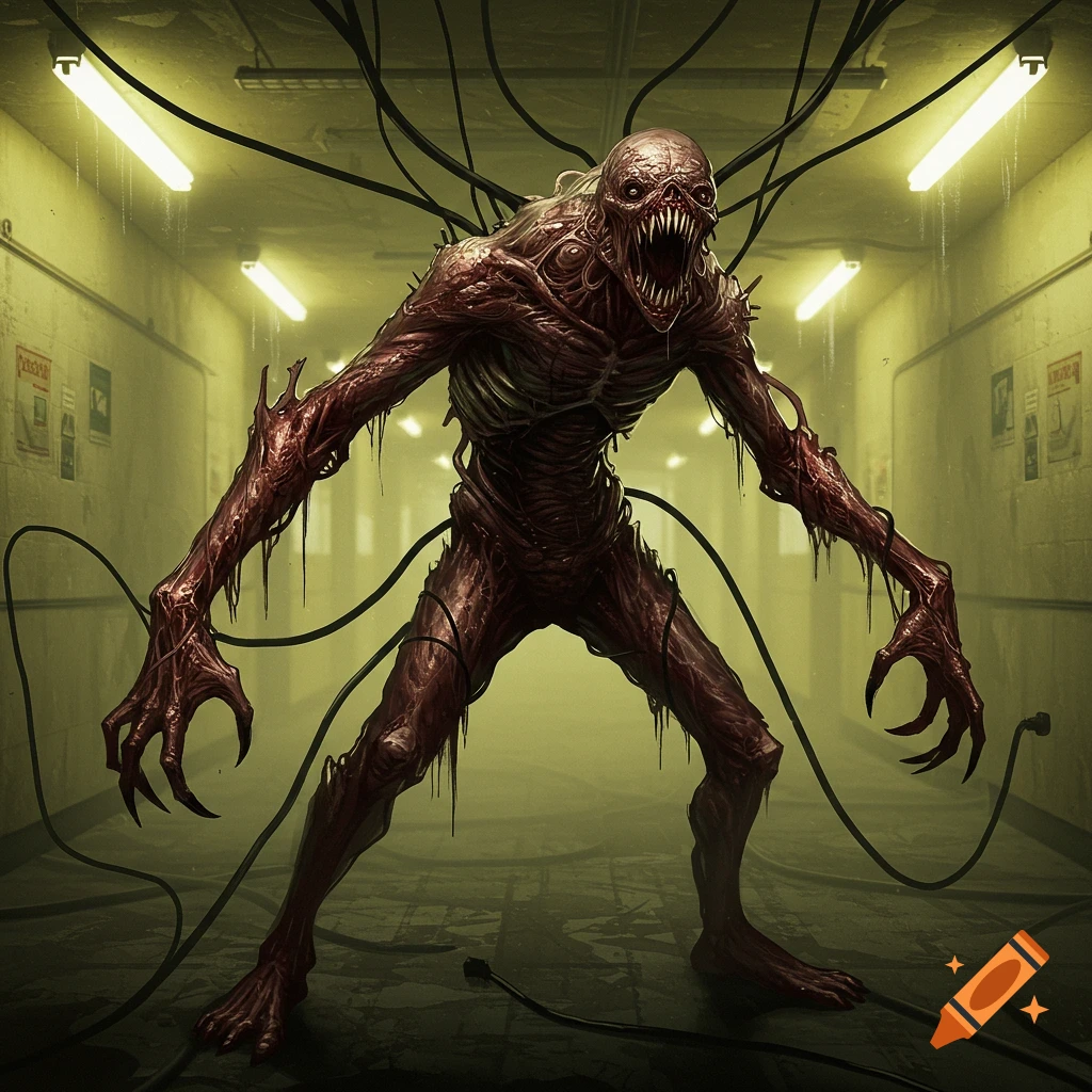 A terrifying monster with exposed flesh and wires stands in a dark, industrial hallway.