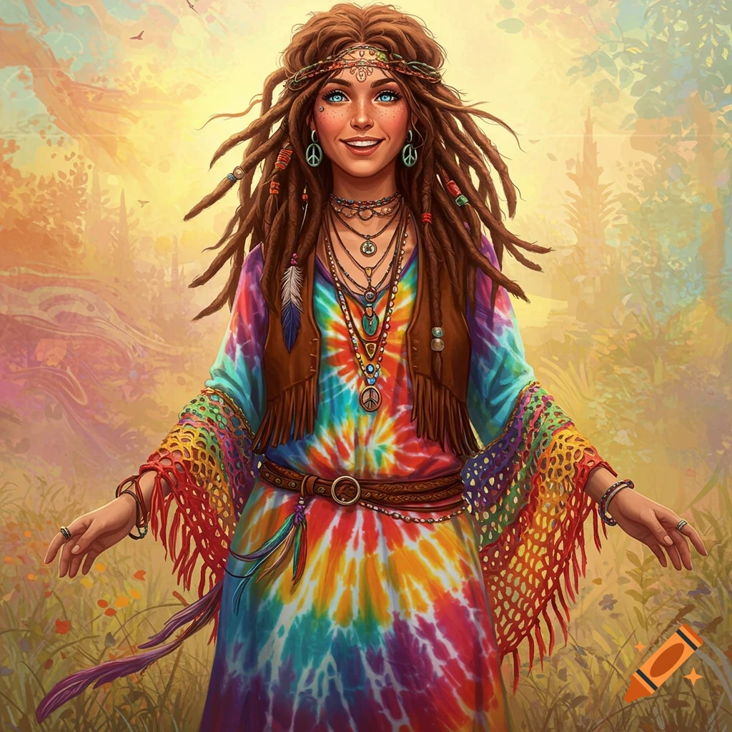 A smiling hippie woman with dreadlocks wearing a colorful tie-dye dress and vest in a field