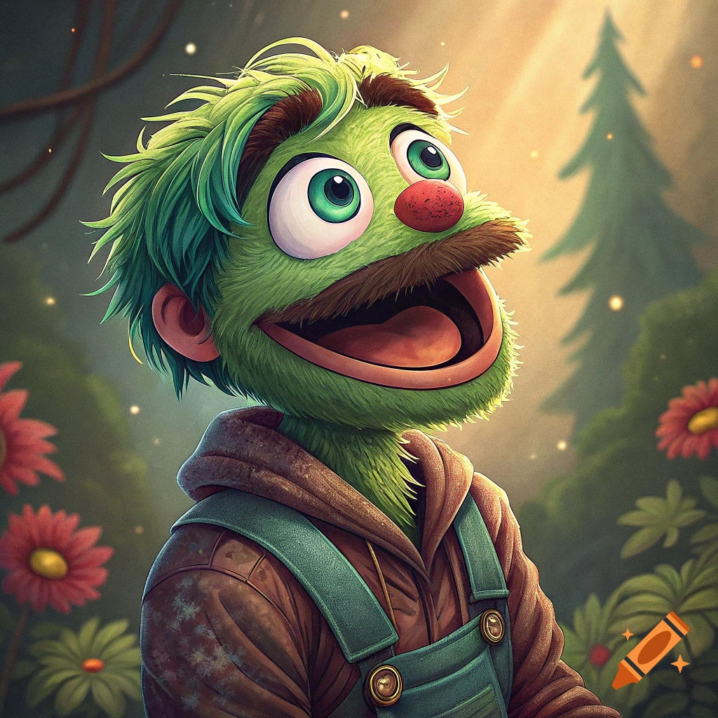 A green, fuzzy muppet-like character with a mustache and overalls in a forest setting.
