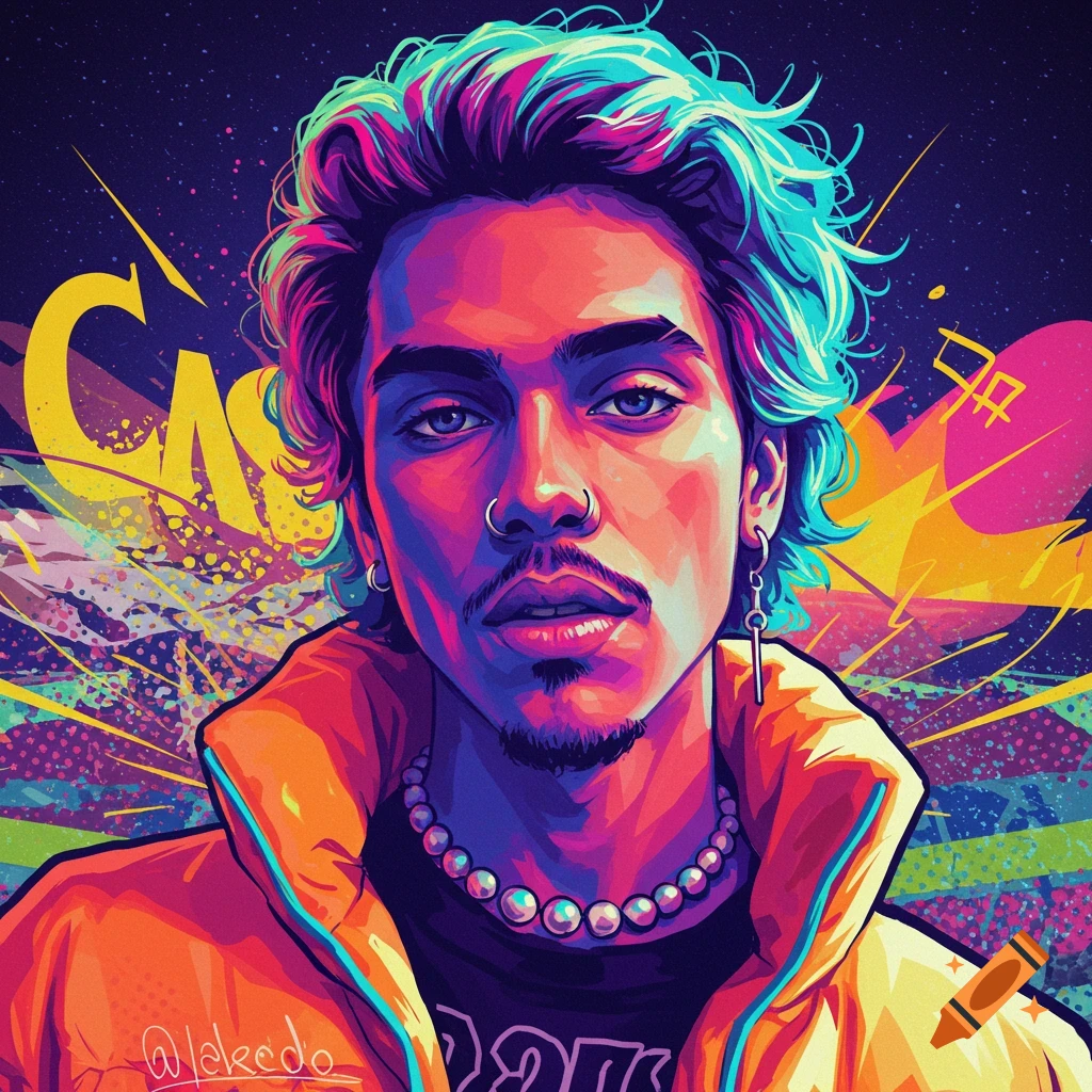 Colorful portrait of a man with bright hair and jacket against an abstract background.