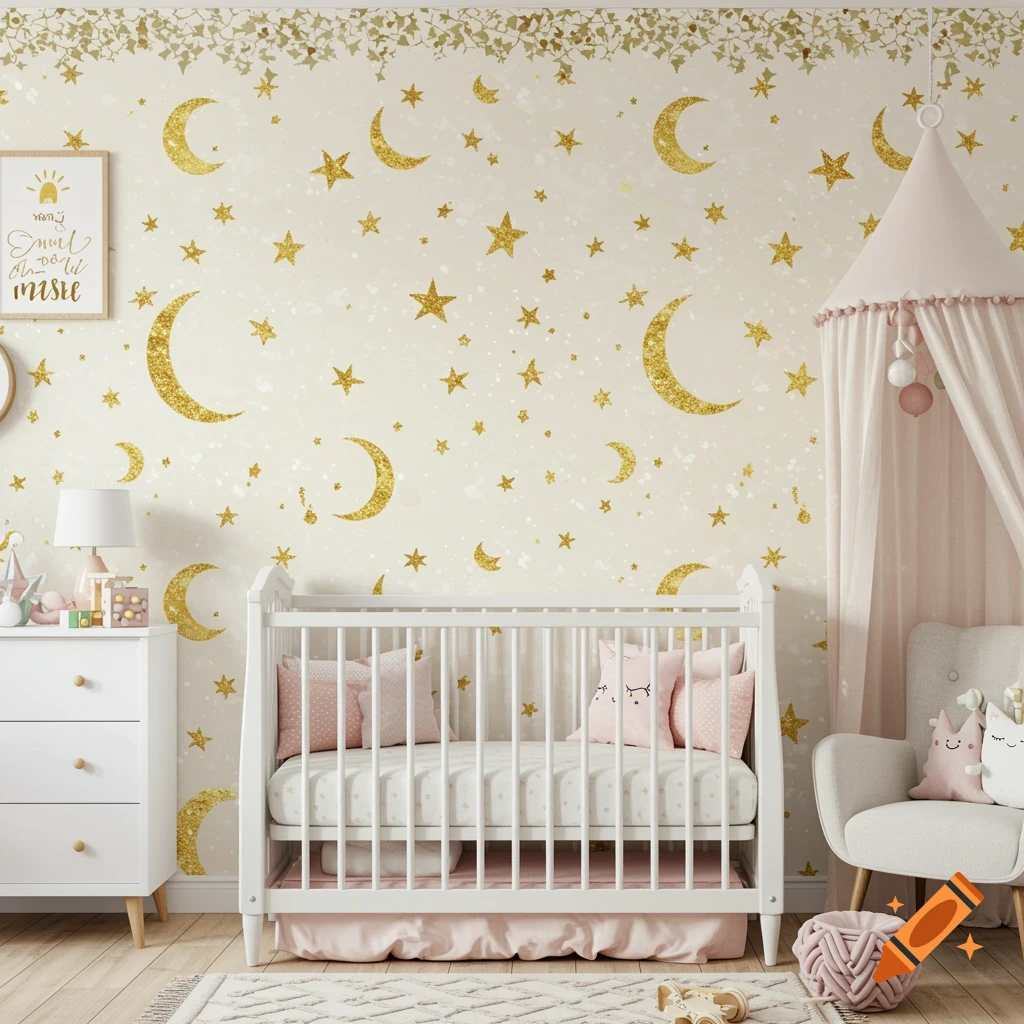 A baby nursery with a white crib, dresser, and chair. The wall has gold star and moon wallpaper.
