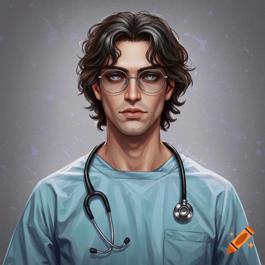 Portrait of a young man wearing glasses and a stethoscope over blue scrubs.