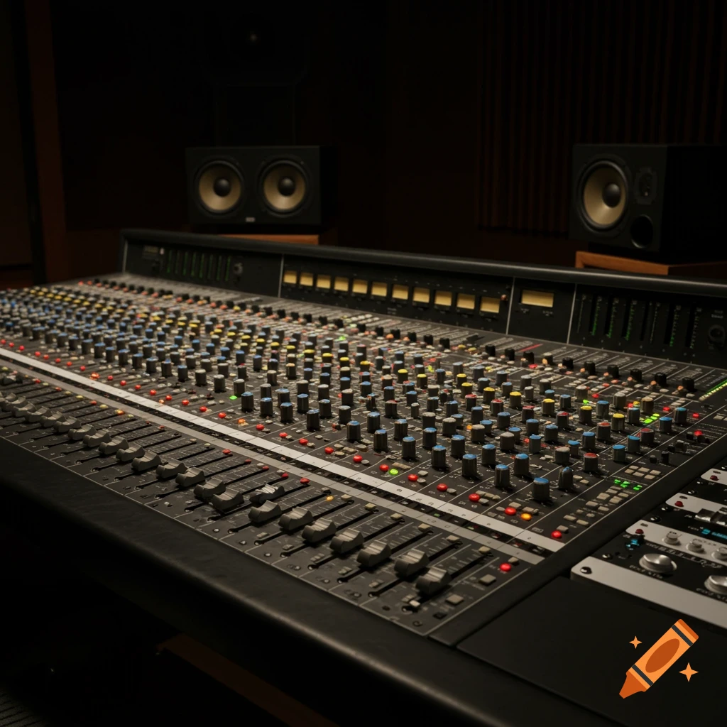 A detailed shot of a large audio mixing console in a recording studio, with studio monitor speakers in the background.