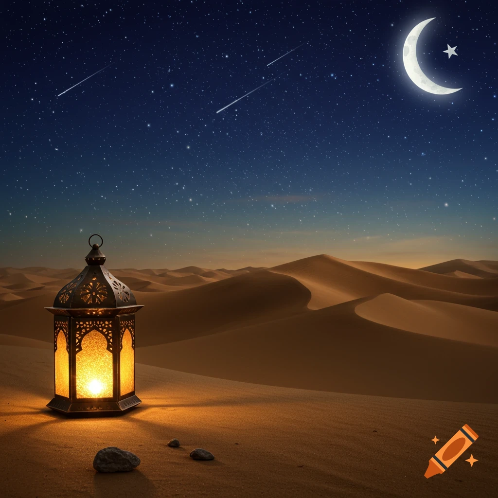 A Ramadan lantern glows in a sandy desert at night under a starry sky with a crescent moon and meteors.