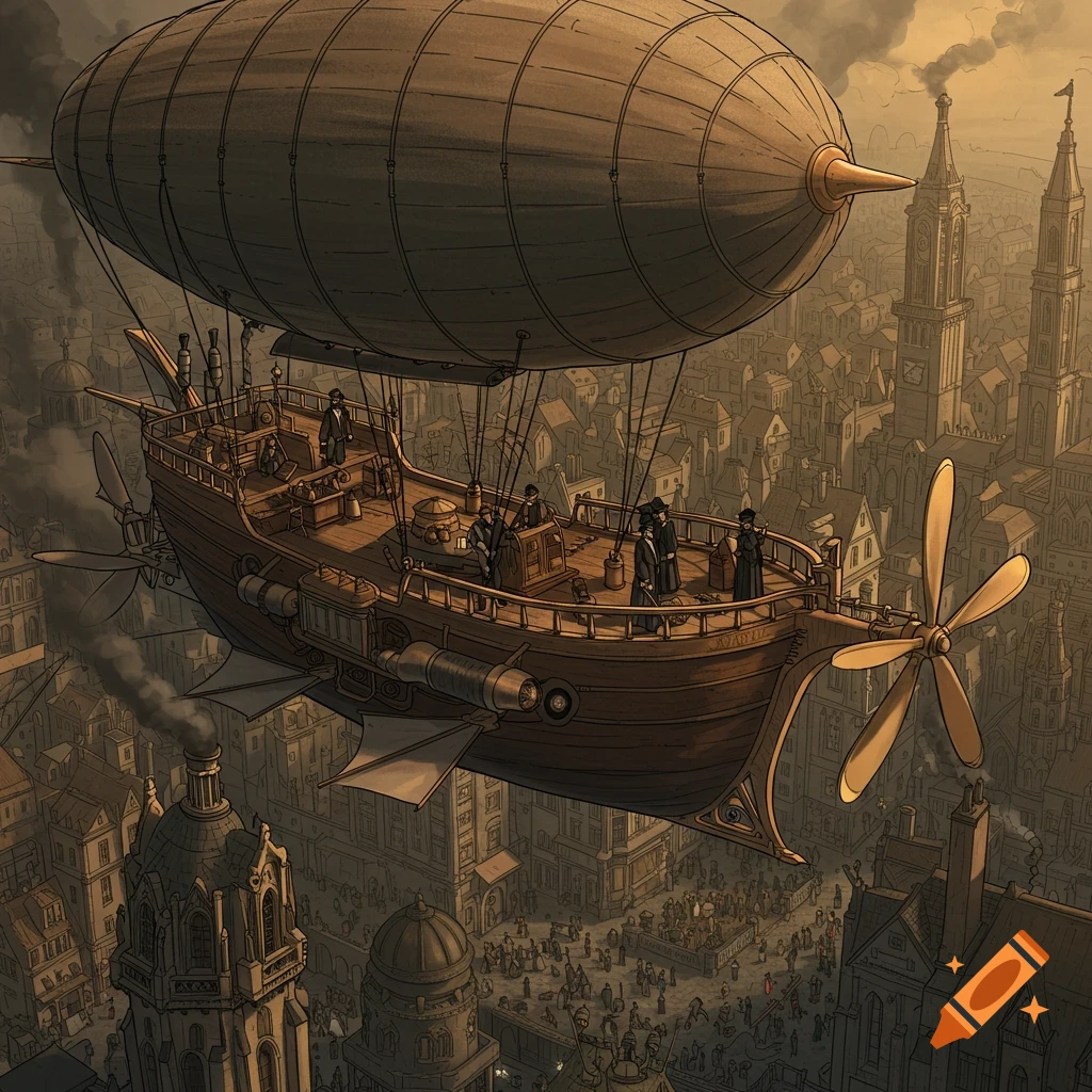 A steampunk airship flies over a city.