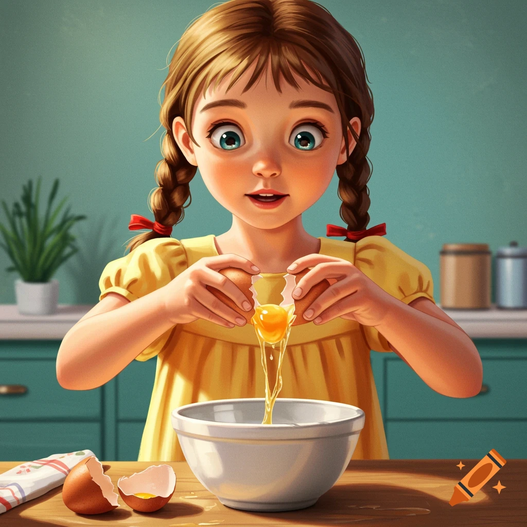 A young girl with braids cracking an egg into a bowl in a kitchen.