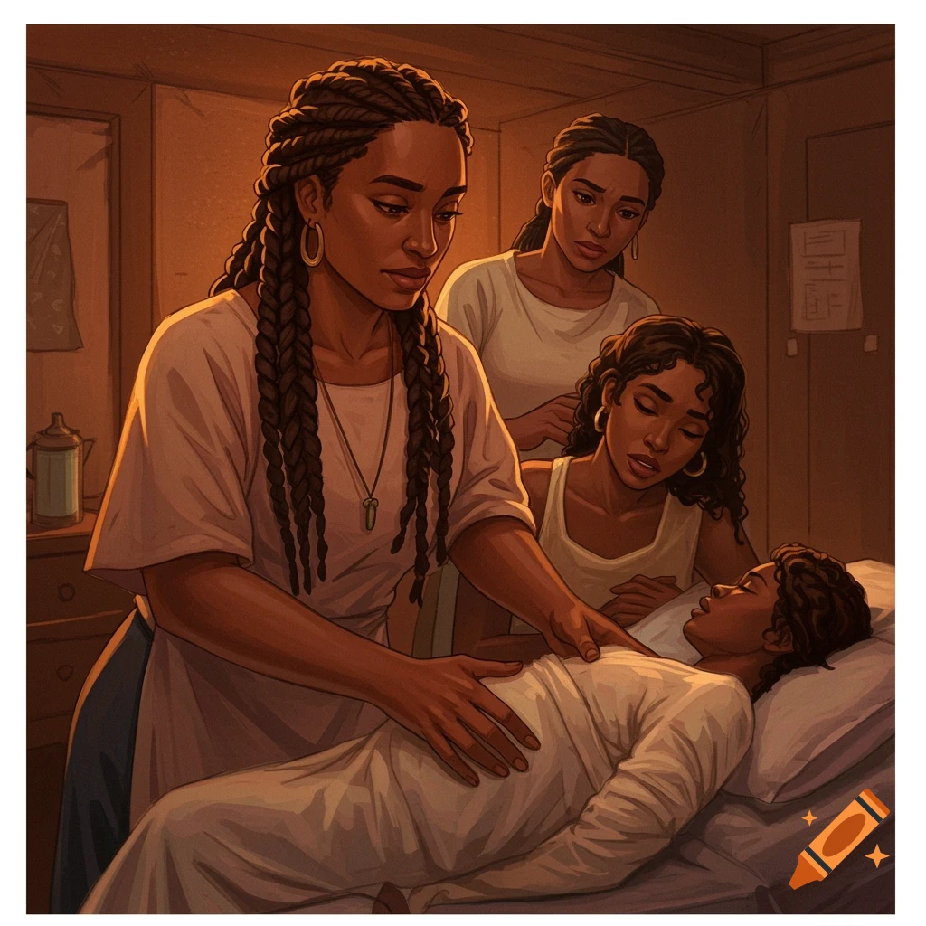 Three women are tending to a person lying in a bed in a dimly lit room.