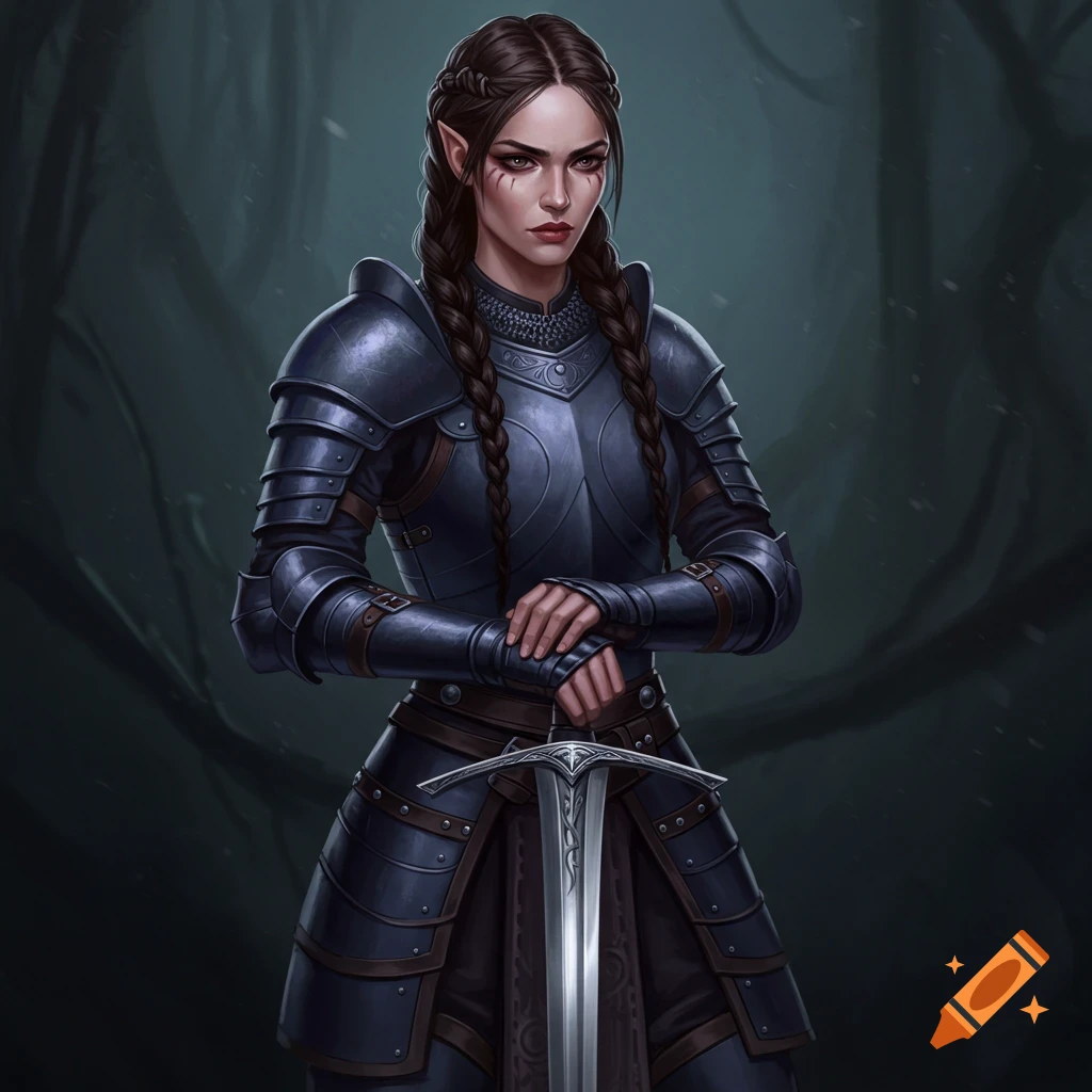 Fantasy warrior woman in dark armor holding a sword in a forest.