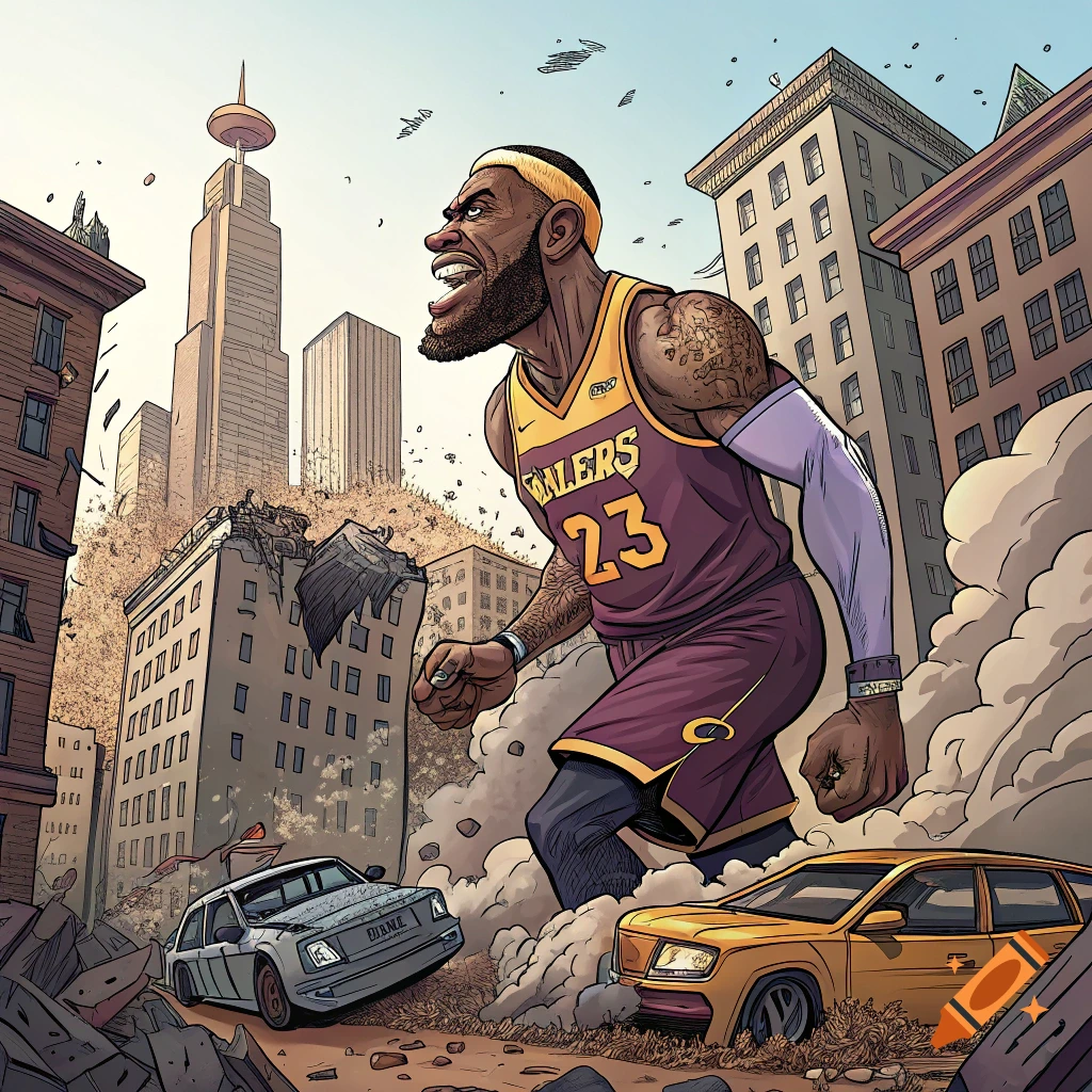 Giant cartoon LeBron James in a basketball jersey rampaging through a city.