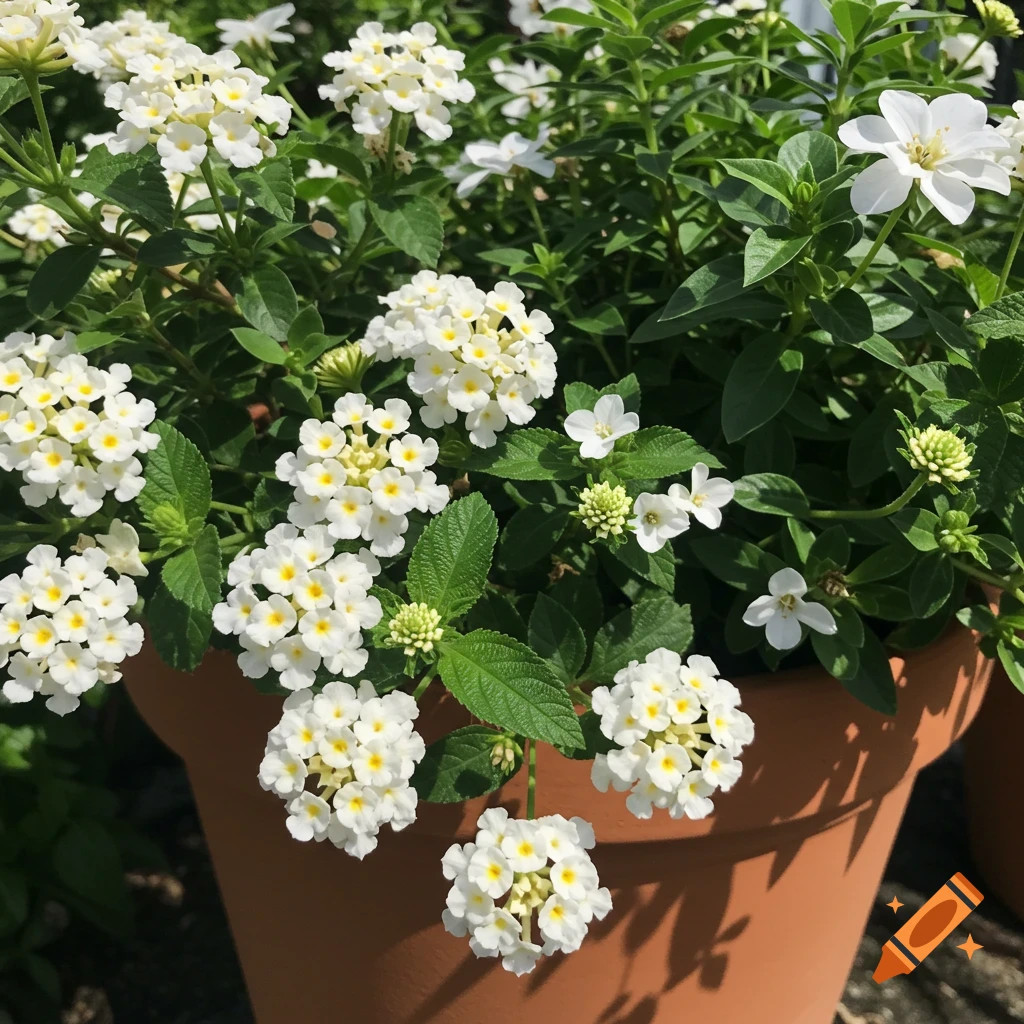 Close-up of white flowers with yellow centers in a terracotta pot.