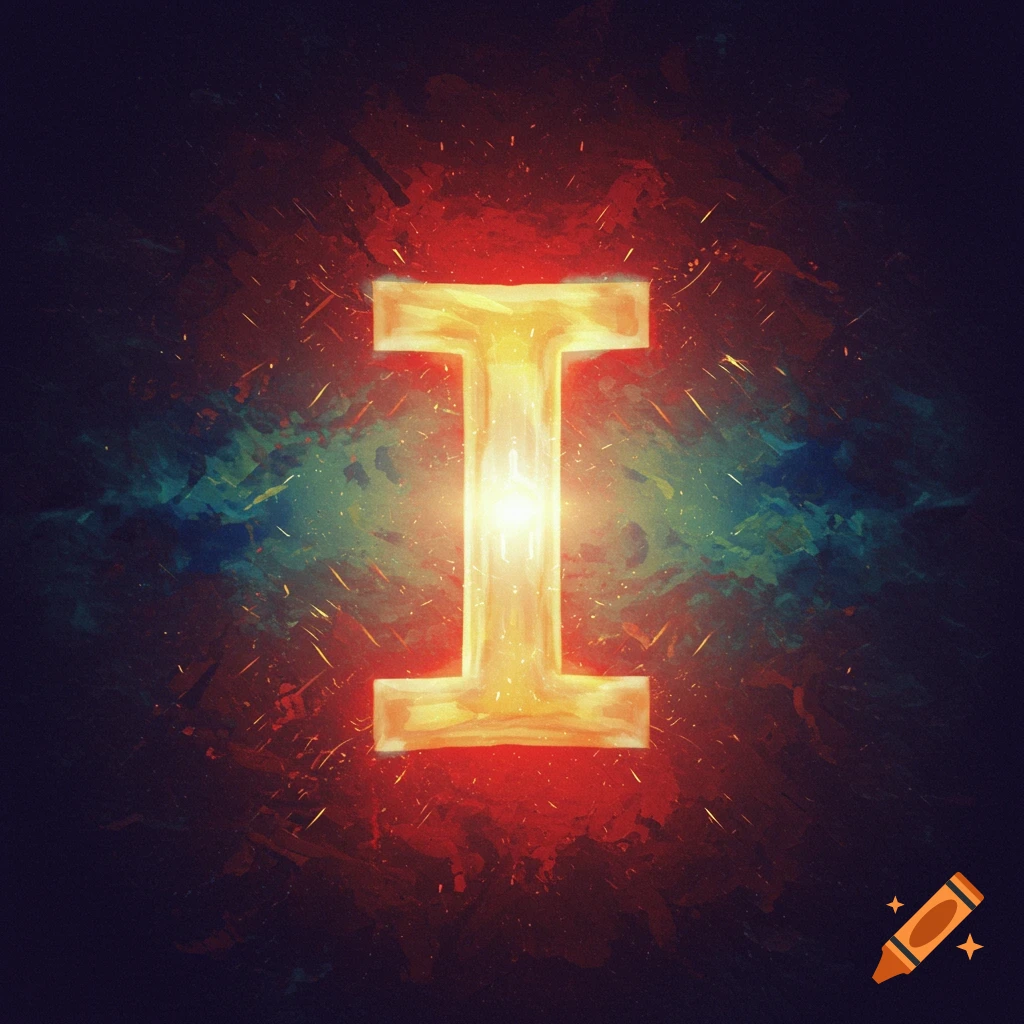 Glowing letter I on an abstract background with red, blue, and particle effects