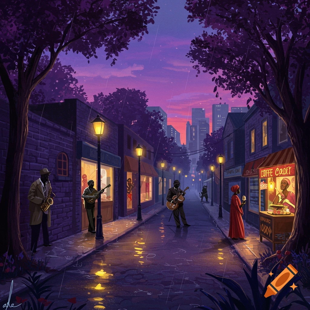 A rainy street scene at dusk with jazz musicians playing, shops, purple trees, and a city skyline in the distance.