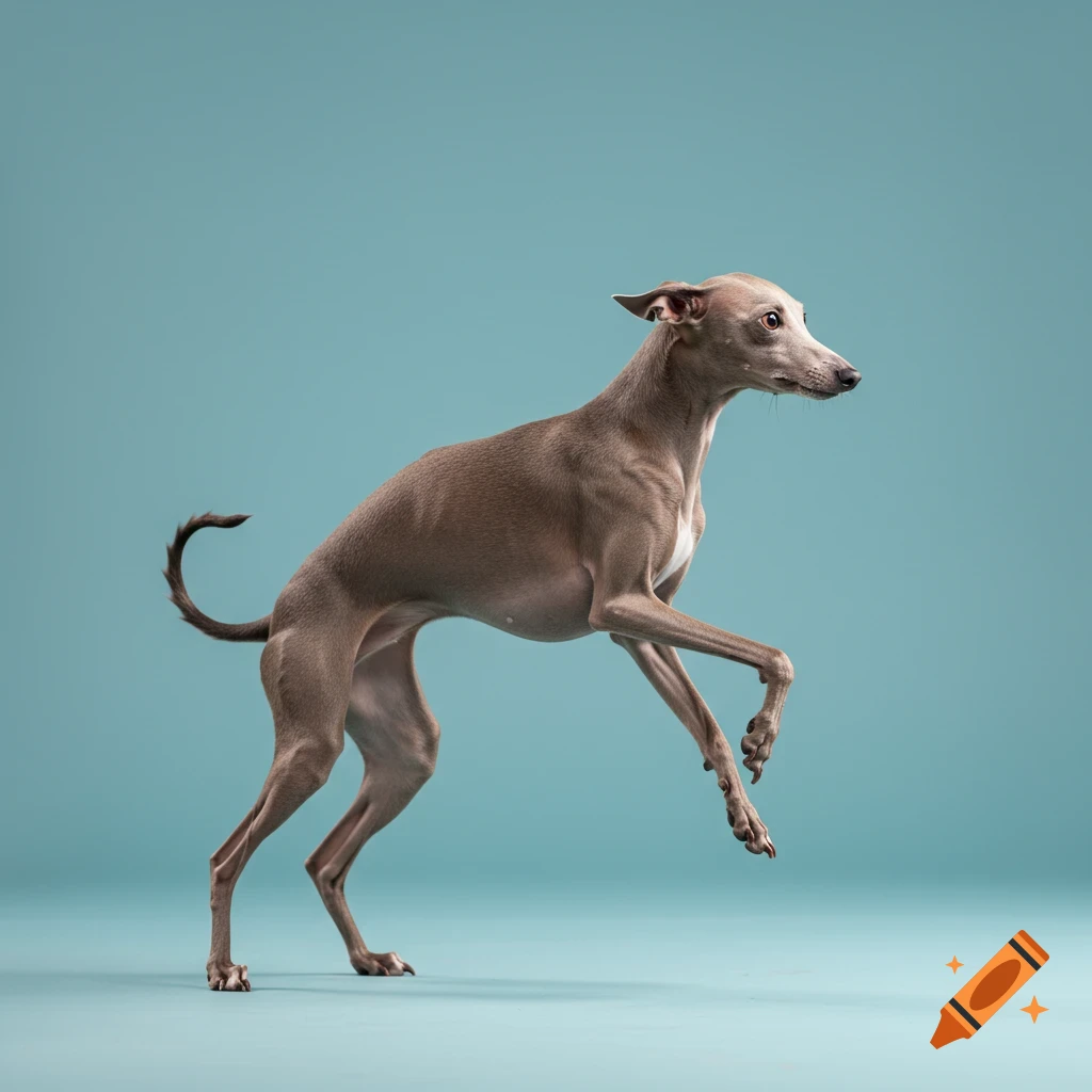 An Italian greyhound dog jumps against a solid blue background.