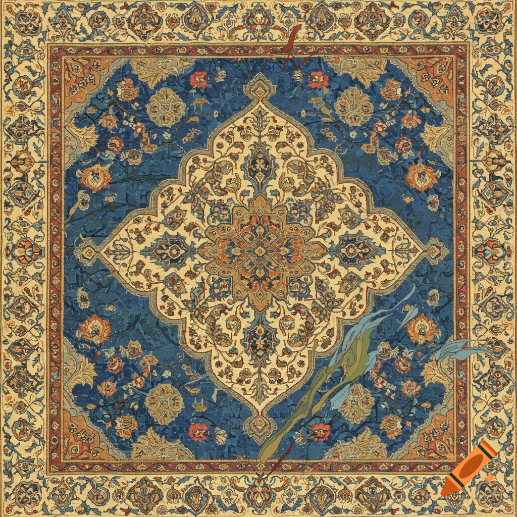 A Persian carpet with blue and cream traditional patterns and abstract elements.