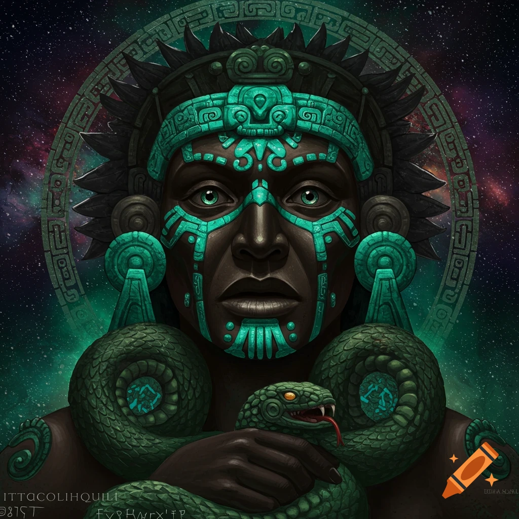An Aztec figure with turquoise markings holds a snake against a starry sky.
